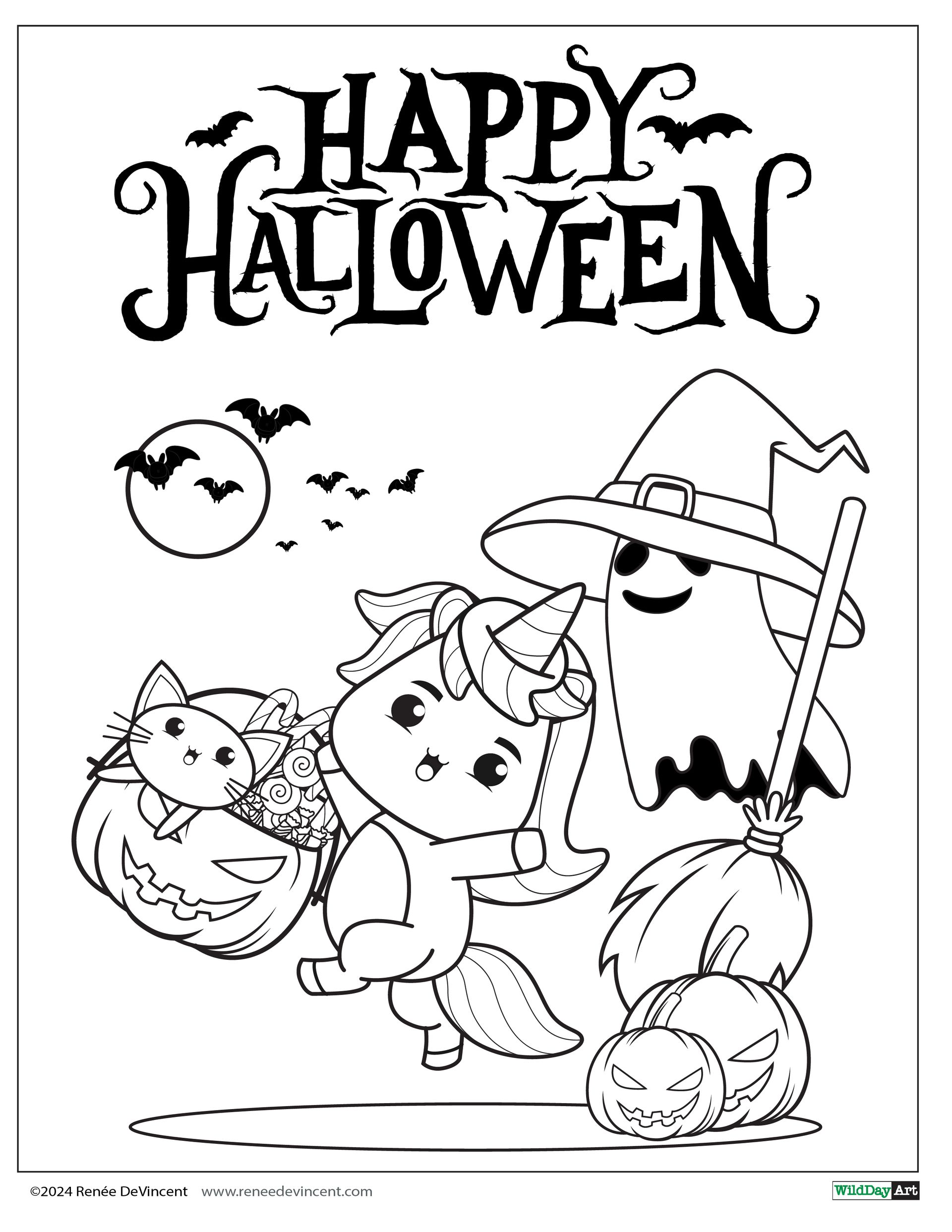 A happy halloween coloring page with a unicorn and a ghost.