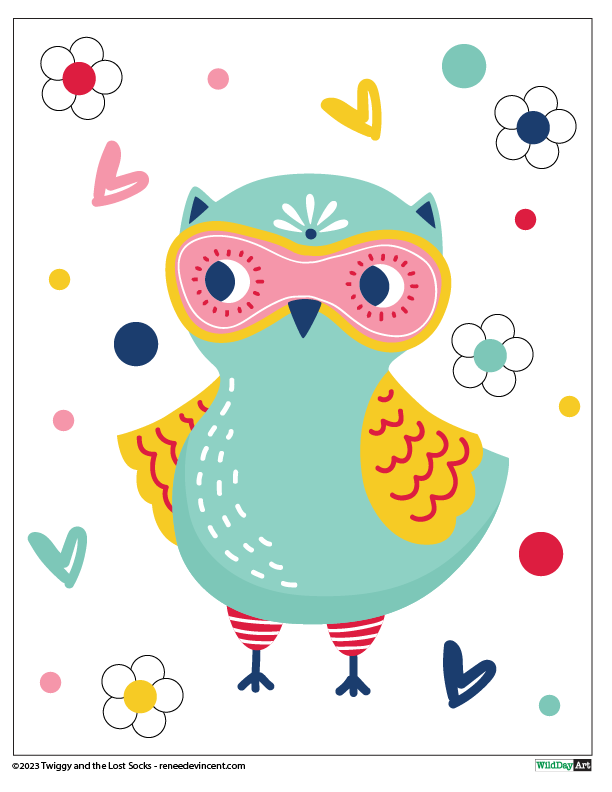 A colorful owl wearing a mask with hearts and flowers around it