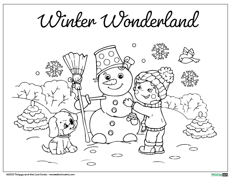 A girl and a boy are standing next to a snowman in a winter wonderland coloring page.