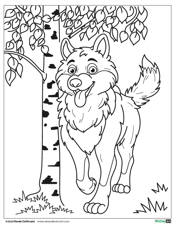 A black and white drawing of a husky dog standing next to a tree.