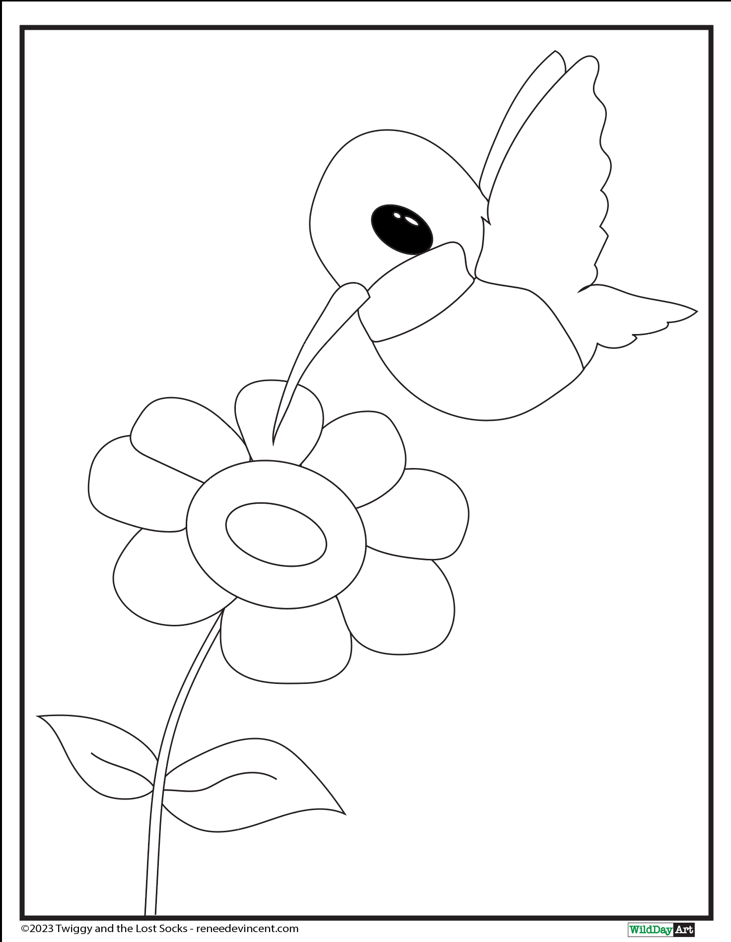 A black and white drawing of a hummingbird sitting on a flower.