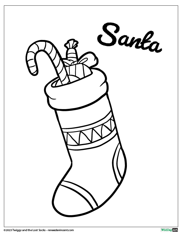 A black and white drawing of a christmas stocking with a candy cane in it.