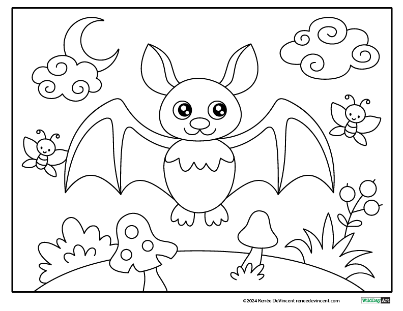 A black and white drawing of a bat flying in the air.