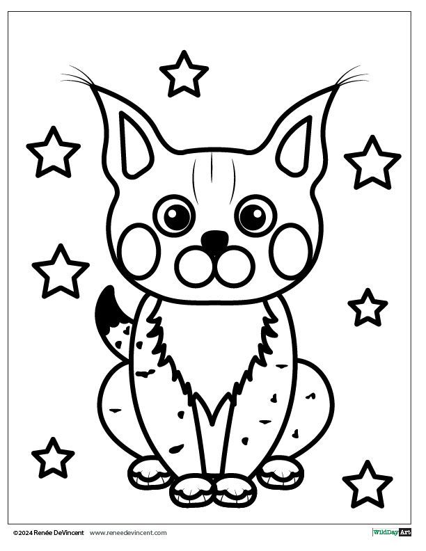 A black and white drawing of a cat with stars around it.