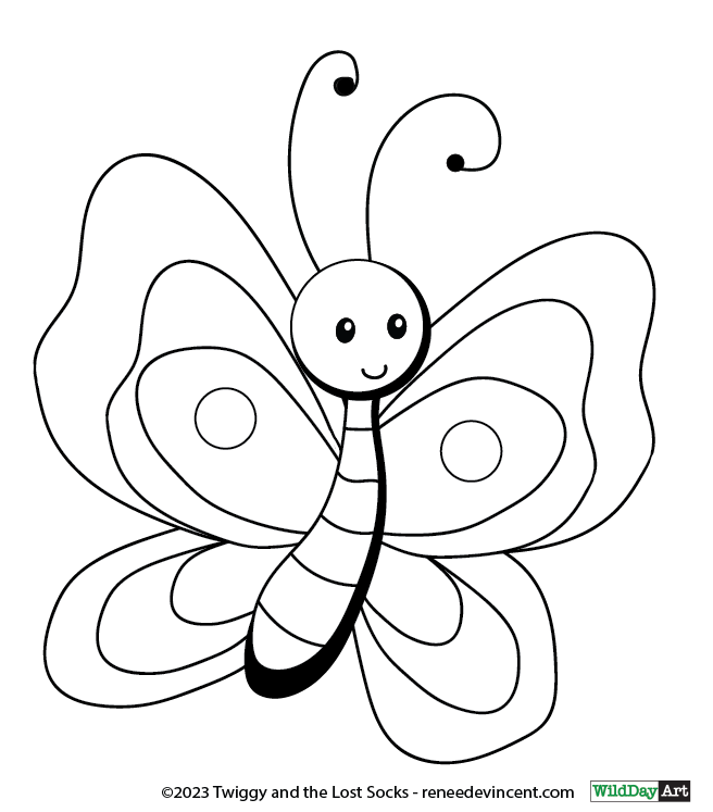 A black and white drawing of a butterfly with a smile on its face.