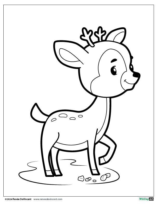 A black and white drawing of a baby deer with antlers.