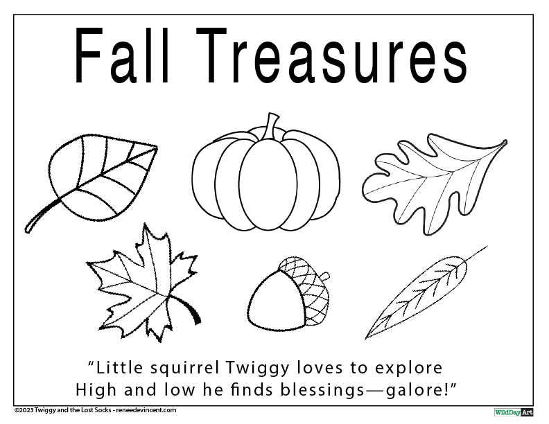 A coloring page with a pumpkin , leaf , acorn , and feather.