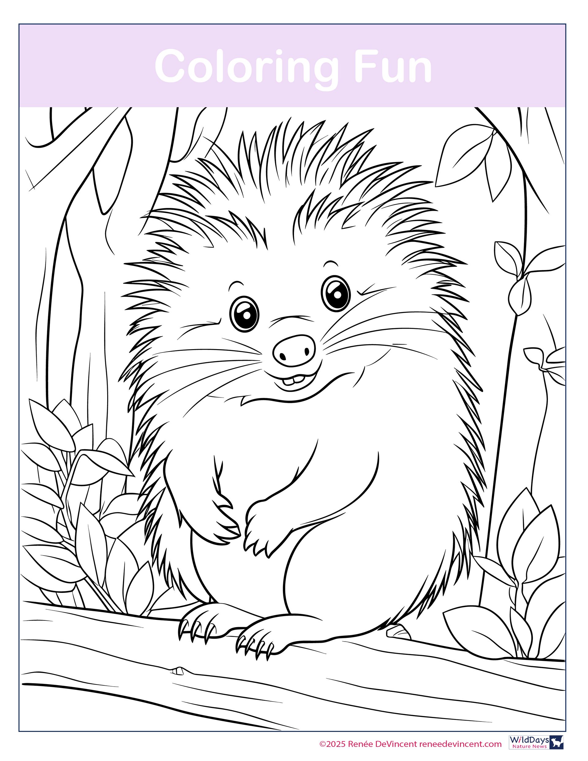 Hedgehog coloring page, smiling, in a forest setting.