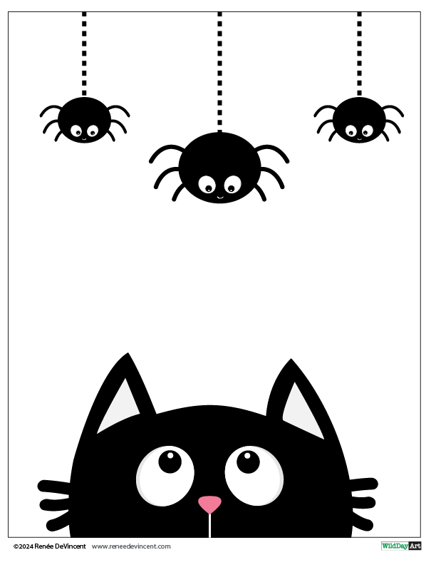 A black cat is looking at three spiders hanging from a string.