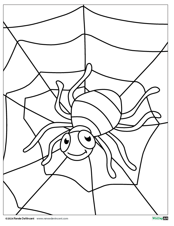 A black and white drawing of a spider on a web.