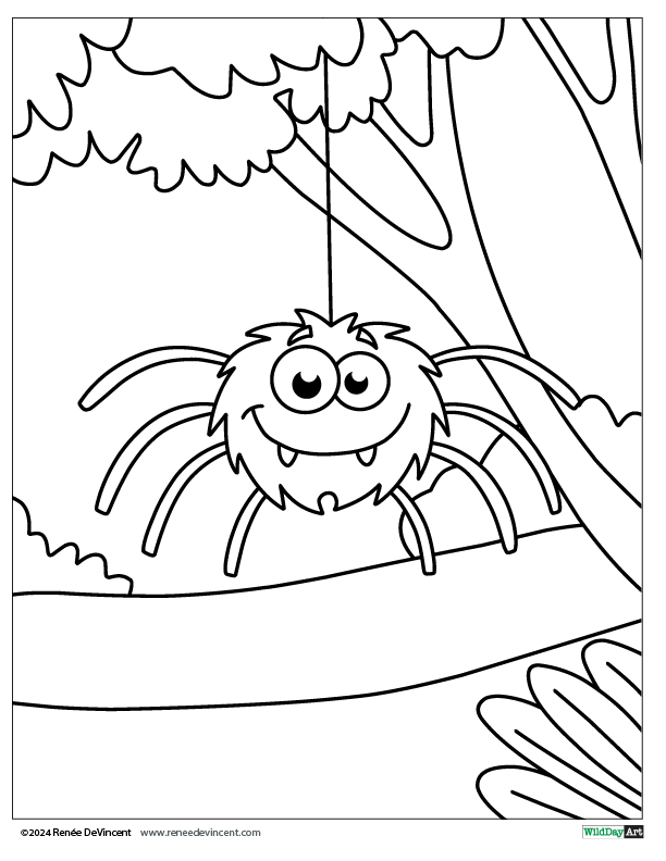 A black and white drawing of a spider hanging from a tree branch.