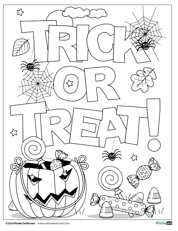 A trick or treat coloring page with a pumpkin and spiders.