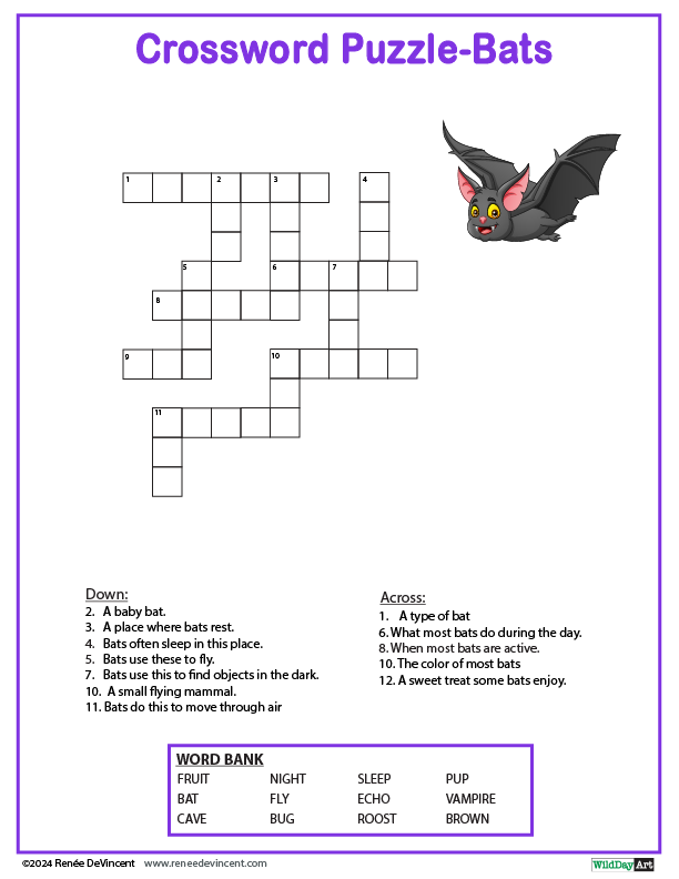 A crossword puzzle with a picture of a bat on it.