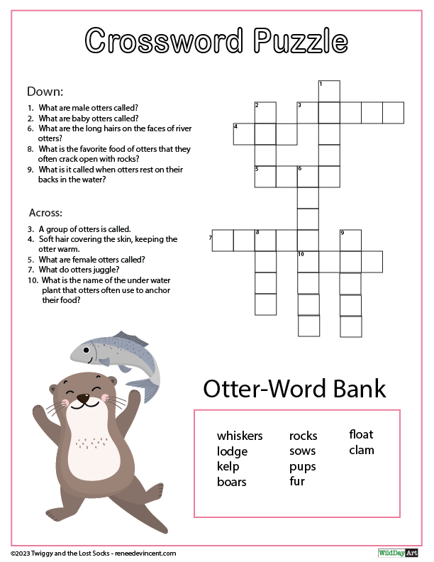 A crossword puzzle with an otter and a fish on it.