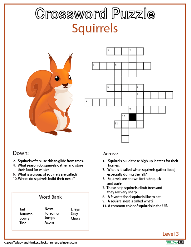 A crossword puzzle with a picture of a squirrel on it.