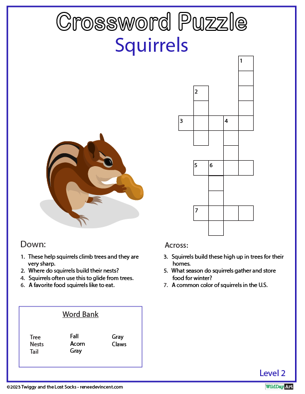 A crossword puzzle for squirrels with a picture of a squirrel eating a nut.