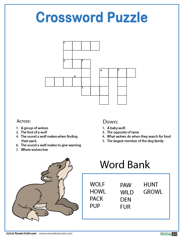 A crossword puzzle with a picture of a wolf and a word bank.