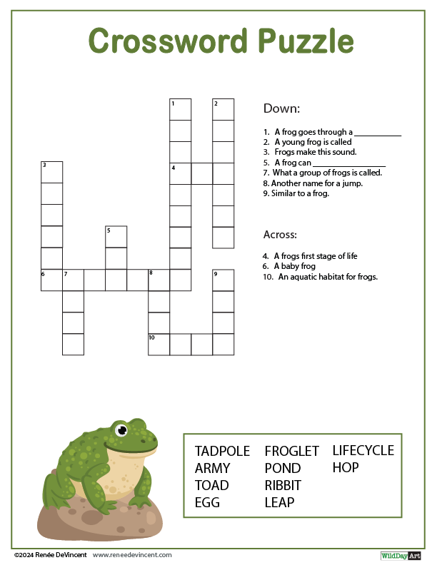 A crossword puzzle with a picture of a frog on a rock.