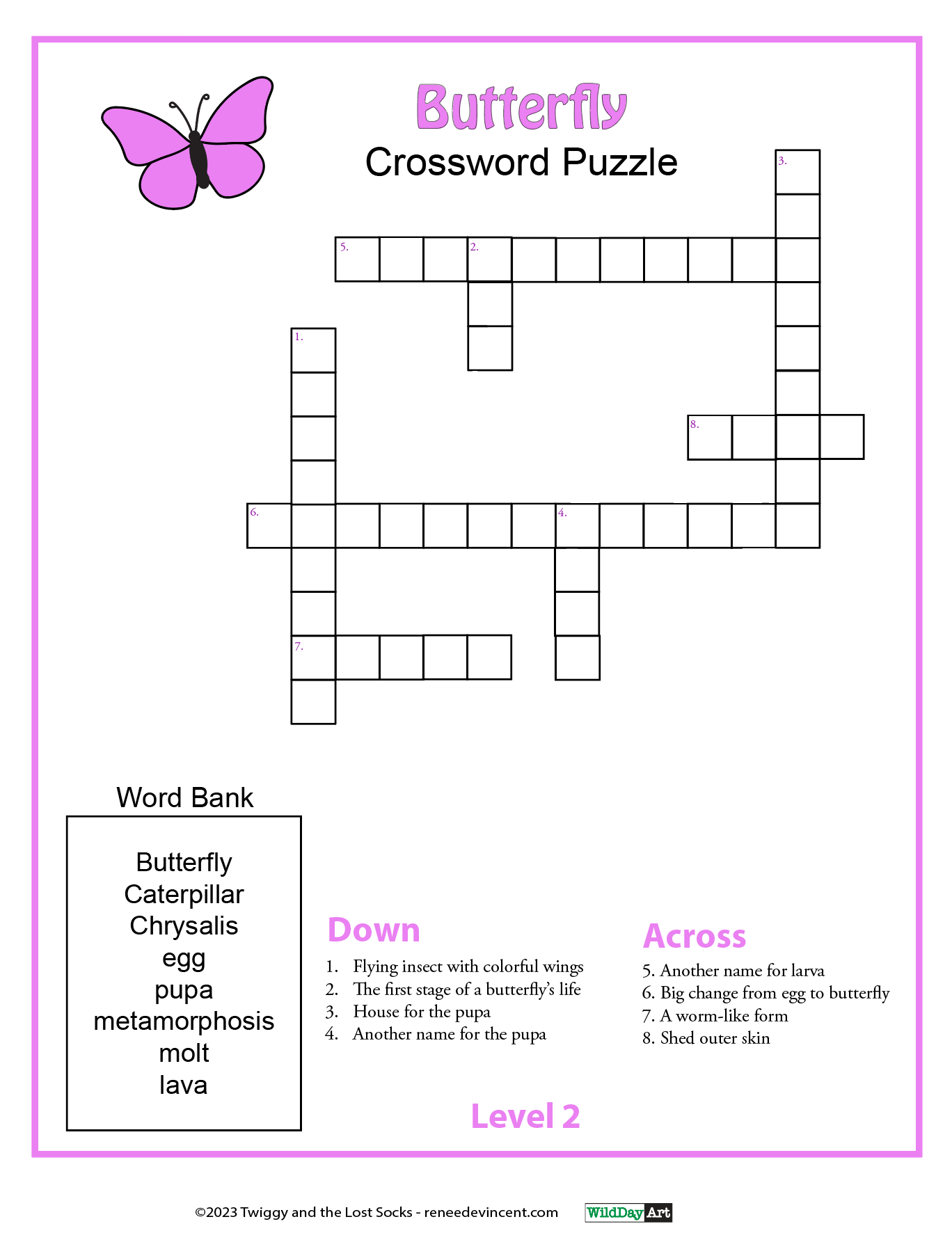 A butterfly crossword puzzle with a purple butterfly on it.