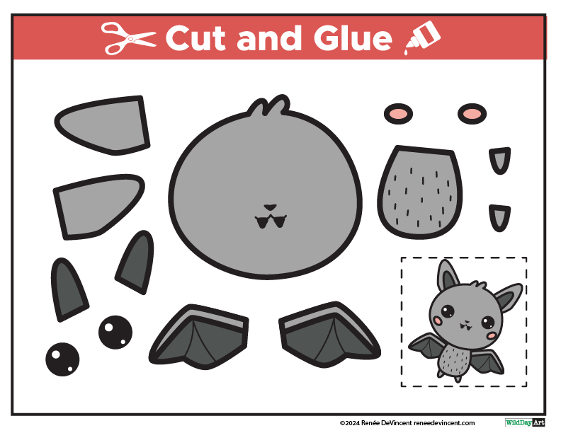 A cut and glue activity for kids with a bat.