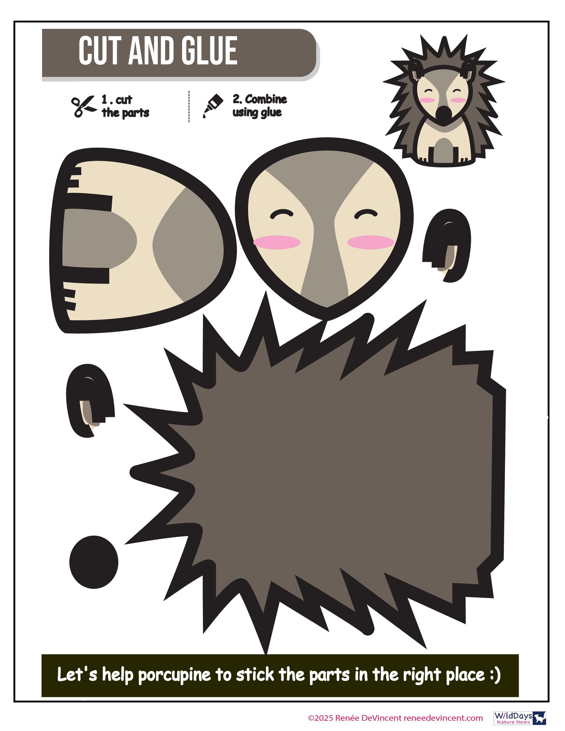Cut-and-glue hedgehog craft. Parts to cut and assemble: body, face, spikes, eyes, and small ears.