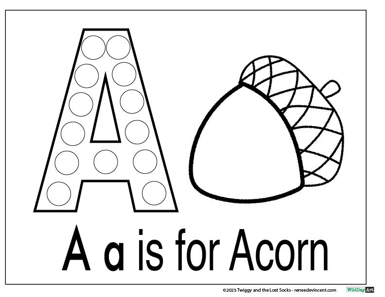 A coloring page with the letter a and an acorn.