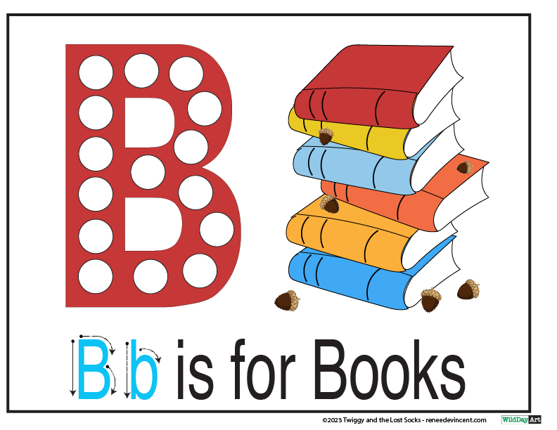 The letter b is for books with a stack of books and acorns.