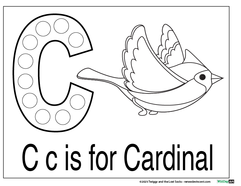 A coloring page with the letter c and a bird.