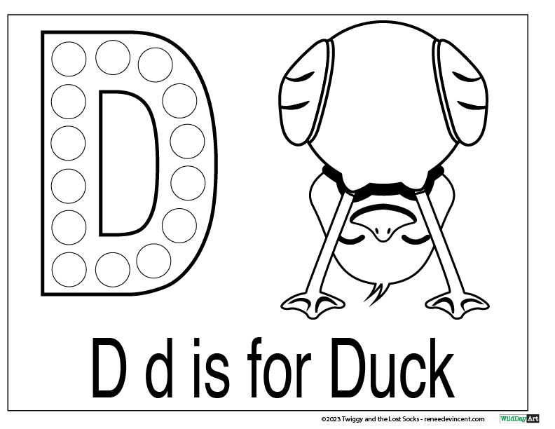 The letter d is for duck with a duck doing a handstand.