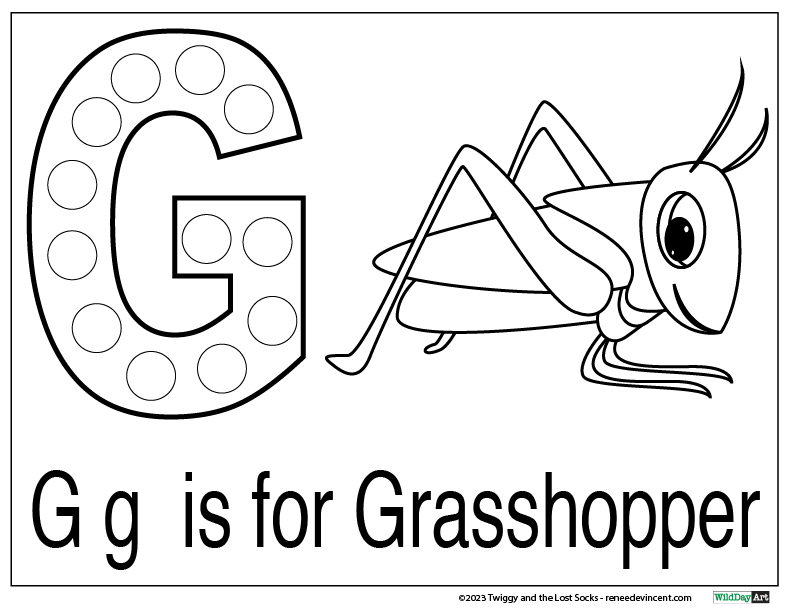 The letter g is for grasshopper coloring page.