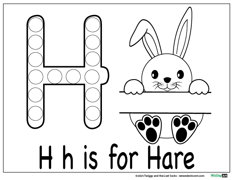 A black and white drawing of a bunny with the letter h on it.