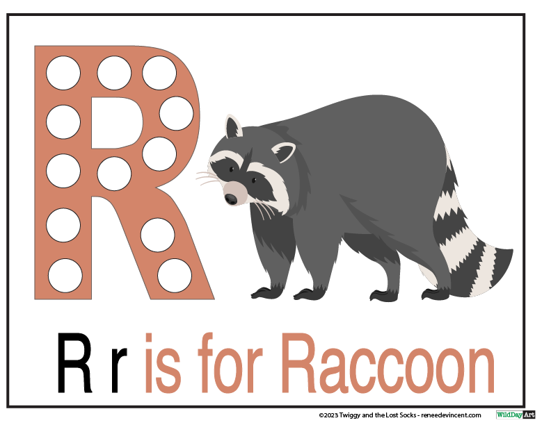 The letter r is for raccoon with a picture of a raccoon.