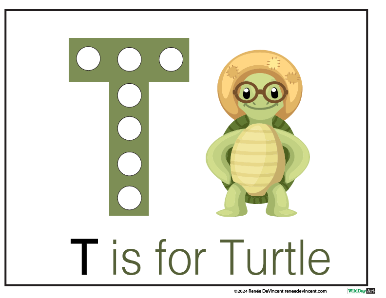 The letter t is for turtle with a turtle wearing glasses and a hat.