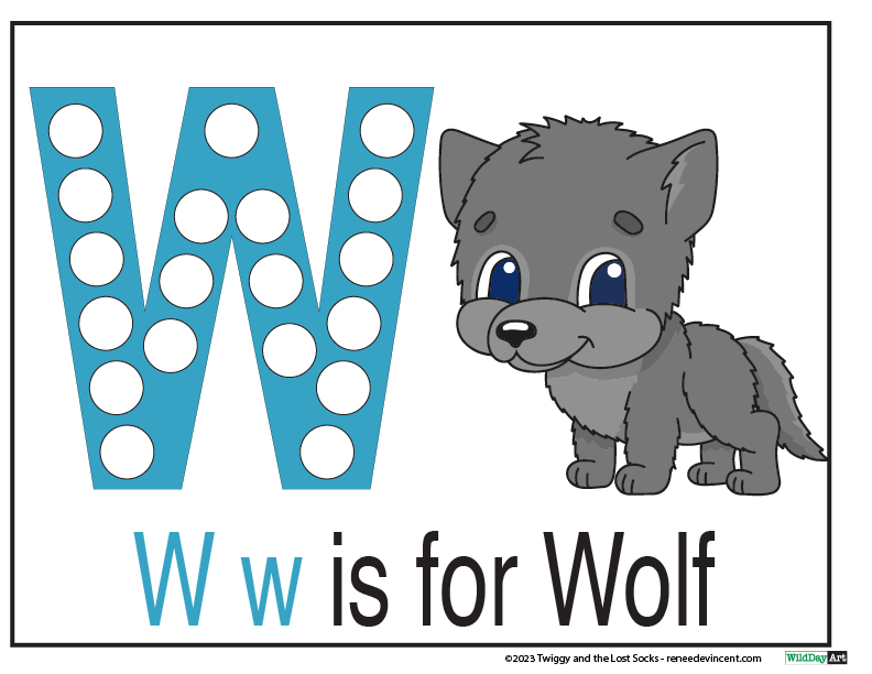 The letter w is for wolf with a picture of a wolf cub.