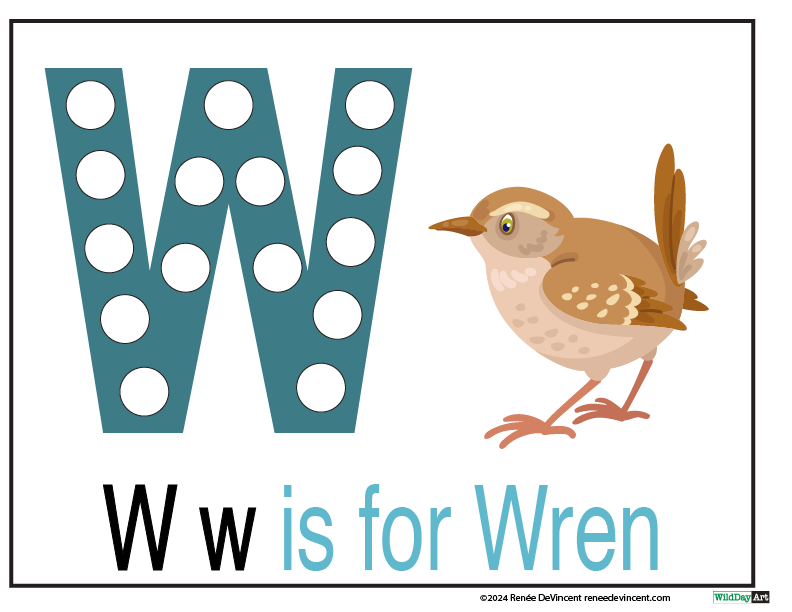 The letter w is for wren with a picture of a bird.