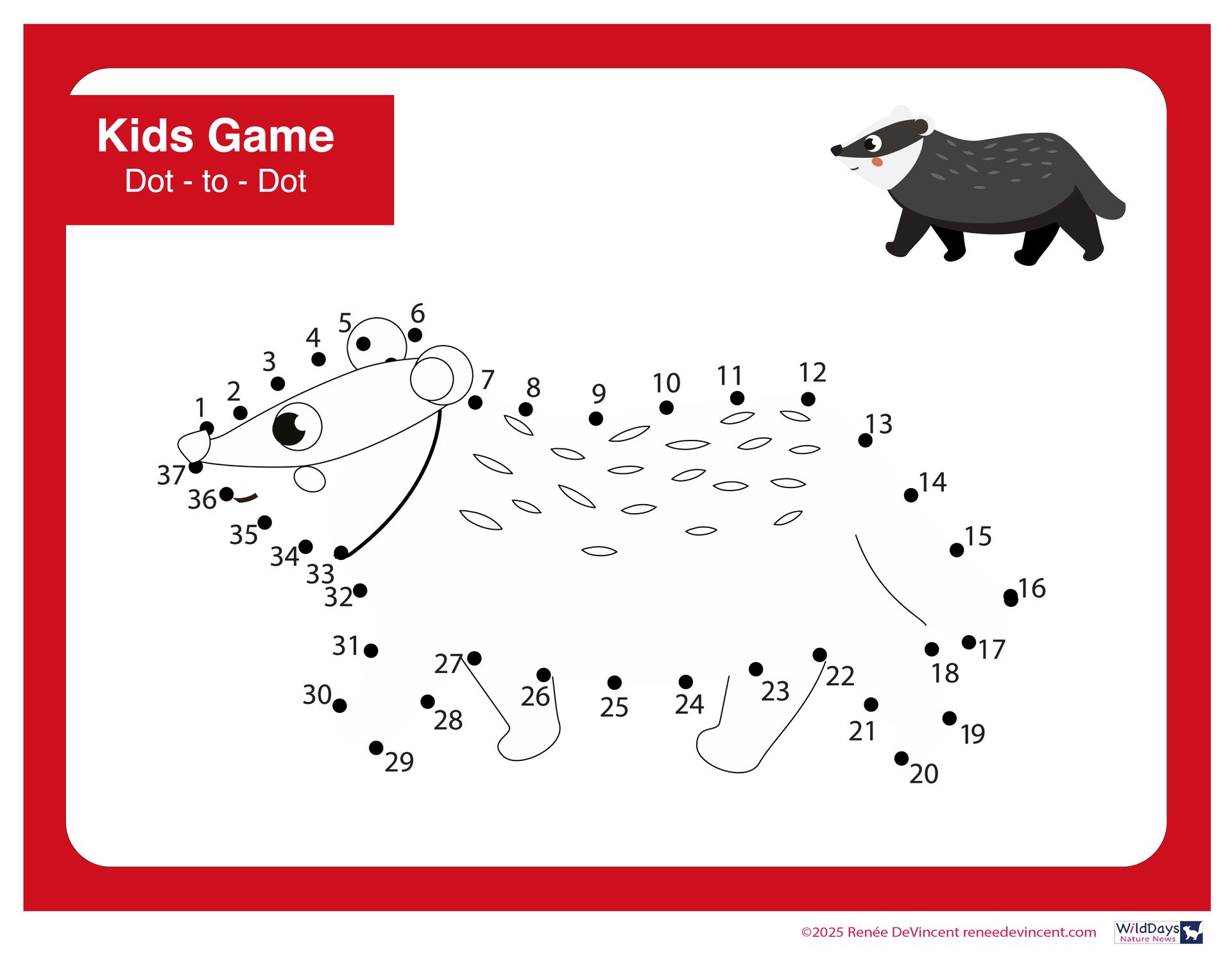 A kids game dot to dot with a badger on it
