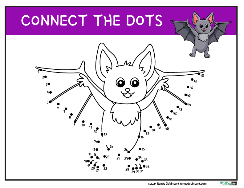 A bat is flying in the air and you have to connect the dots to draw it.