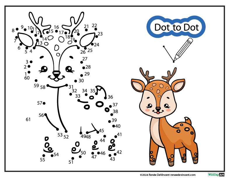 A dot to dot worksheet with a deer and a pencil.