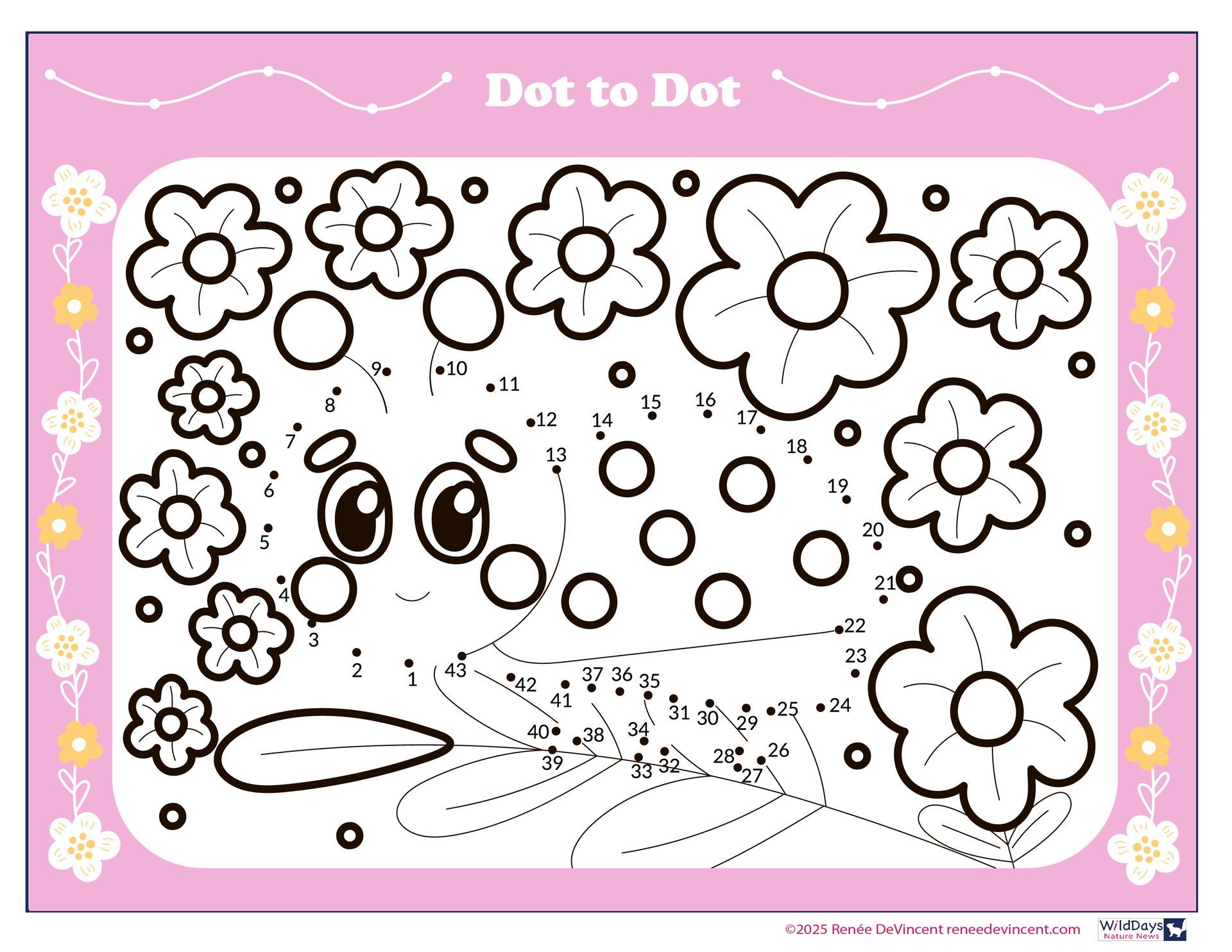A dot to dot coloring page with flowers on a pink background