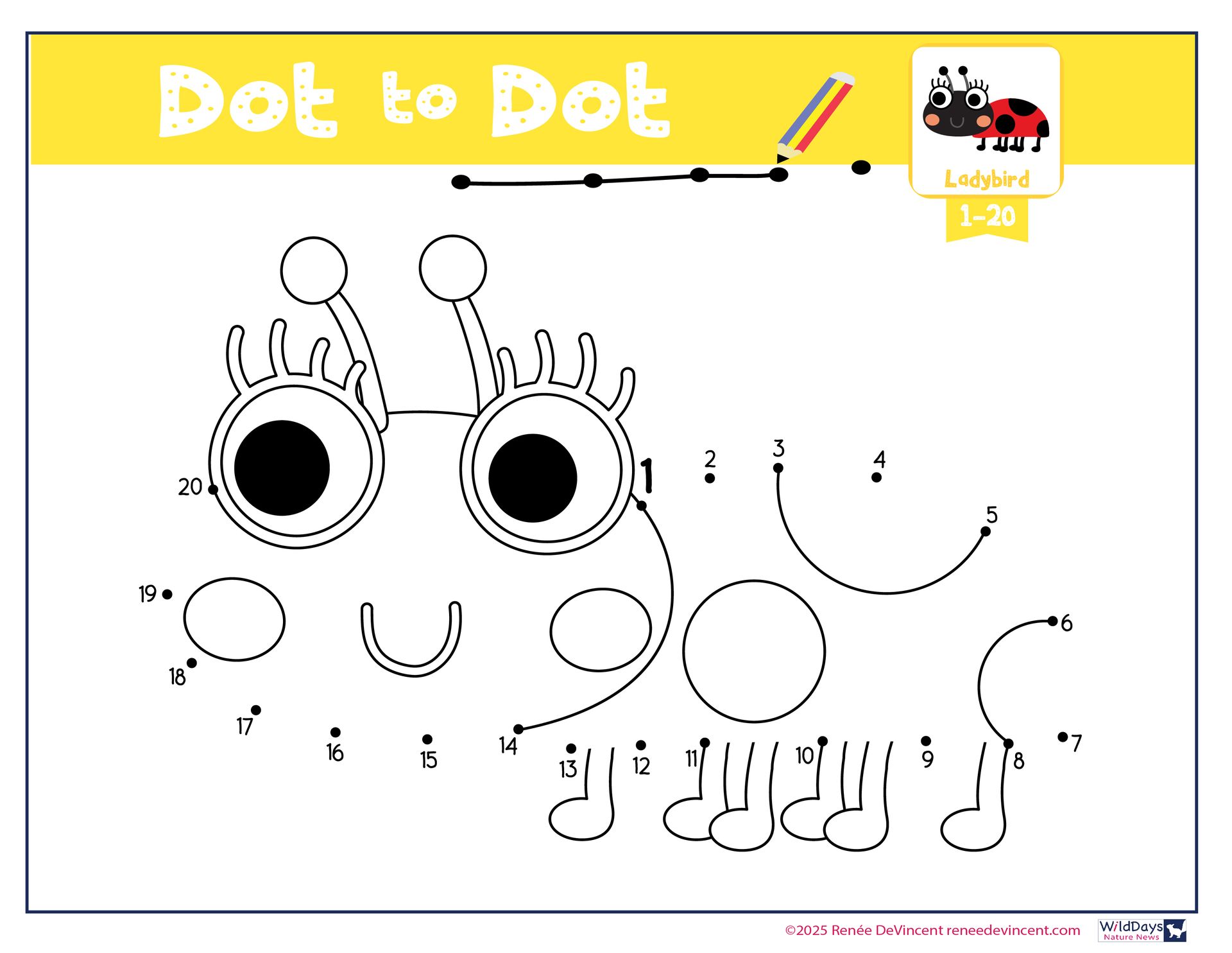 A dot to dot worksheet with a ladybug on it