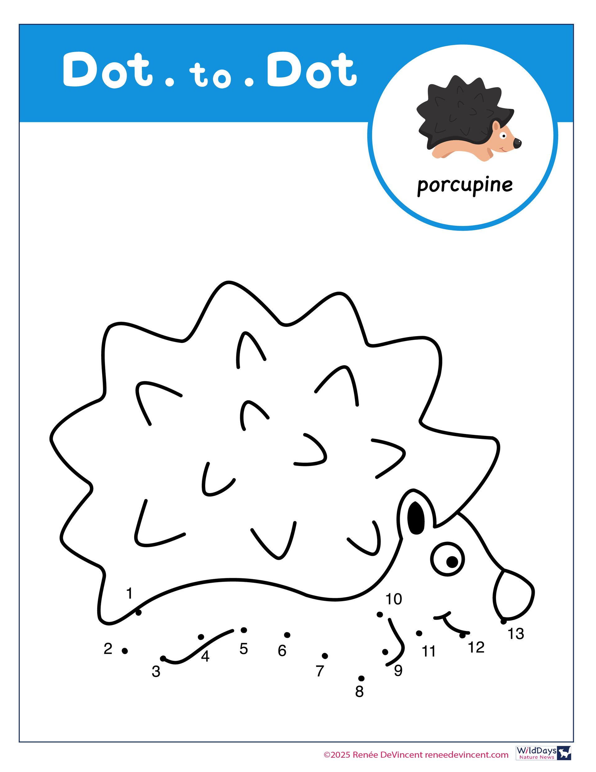 Dot-to-dot puzzle of a porcupine; connect dots 1-12 to complete the outline.