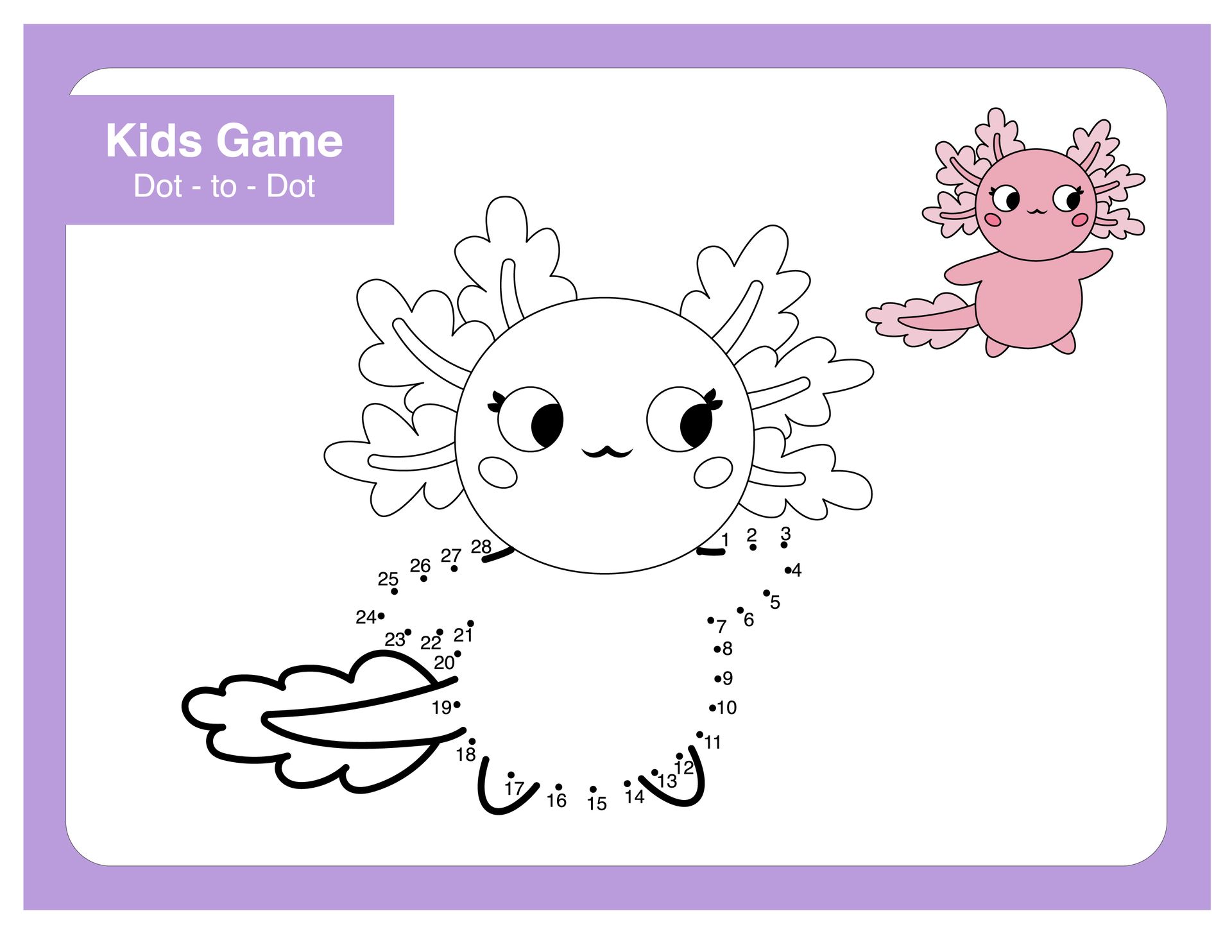 A kids game with a pink axolotl on a purple background.