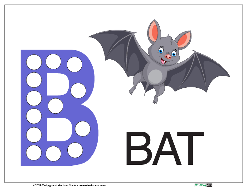 A cartoon bat is flying in the air next to the letter b.