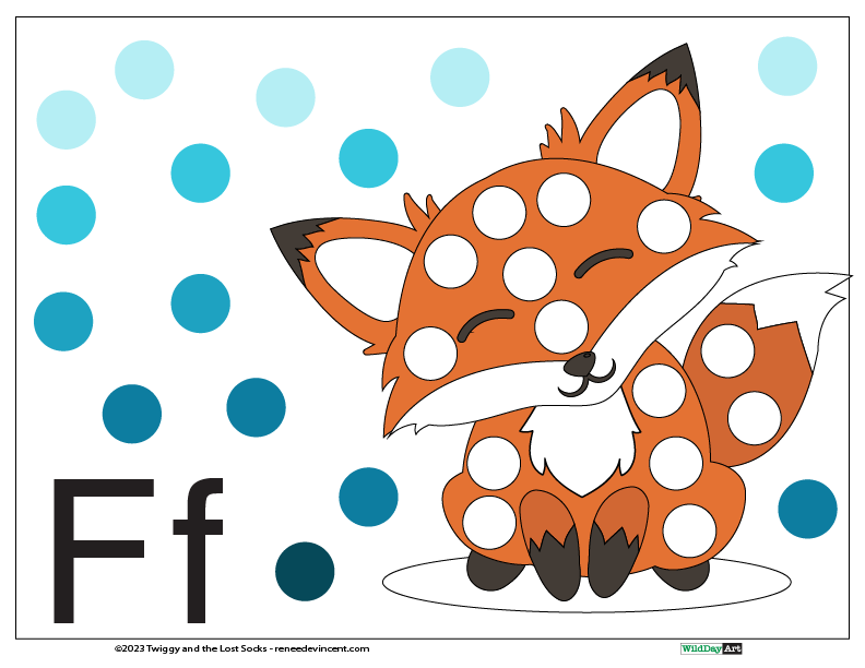 A picture of a fox with polka dots and the letter f.