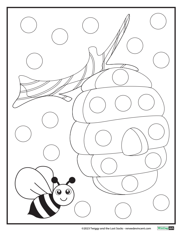 A bee is flying around a beehive on a coloring page.