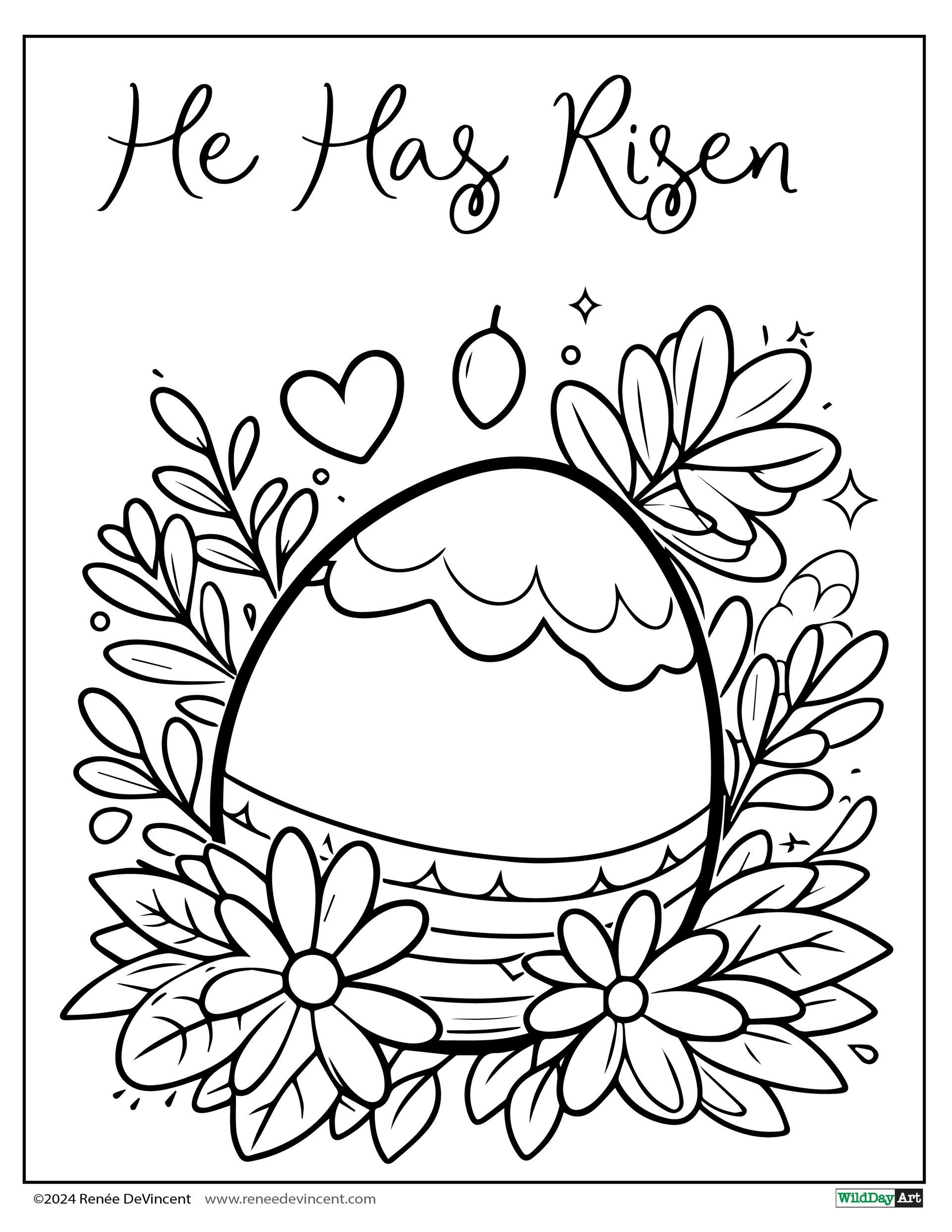 A black and white drawing of an easter egg surrounded by flowers and leaves.