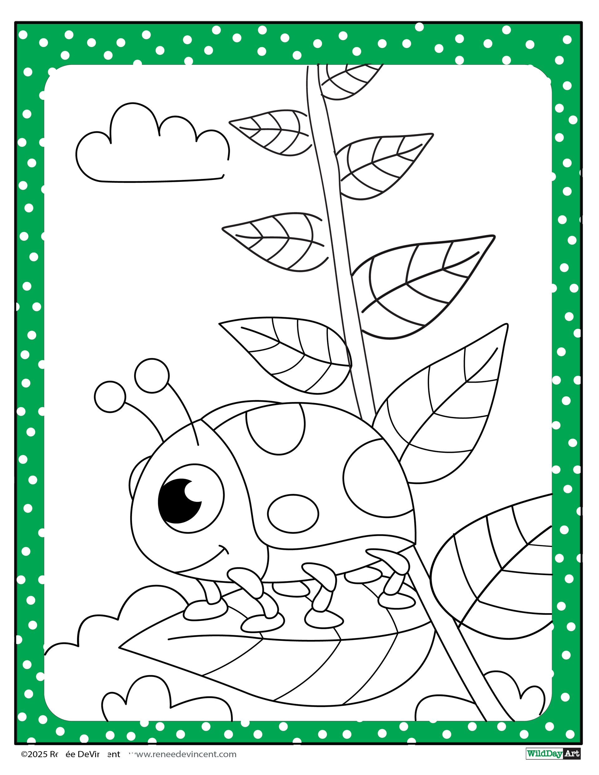 A coloring page-ladybug sitting on a leaf.