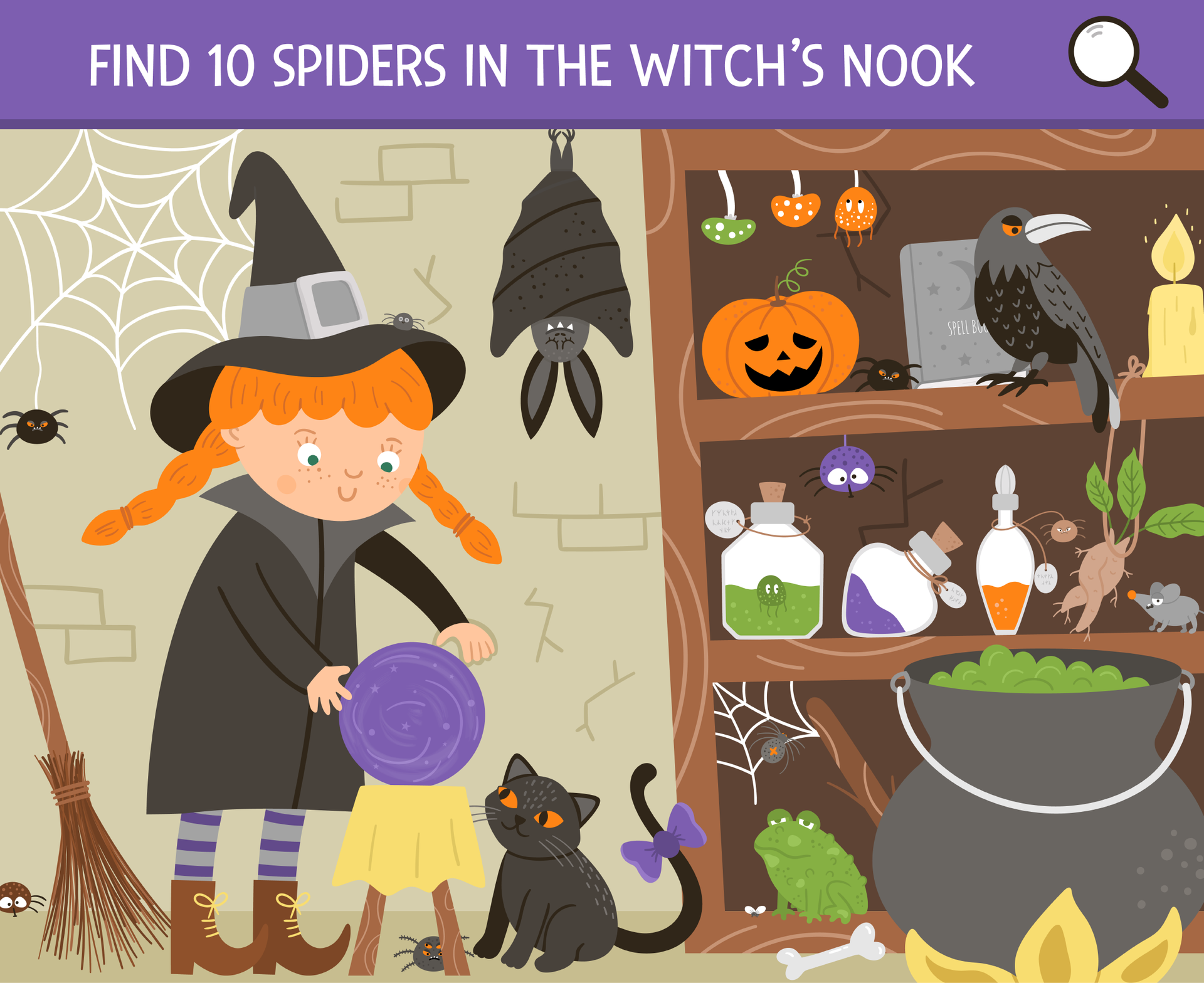 A witch is looking for spiders in the witch 's nook.