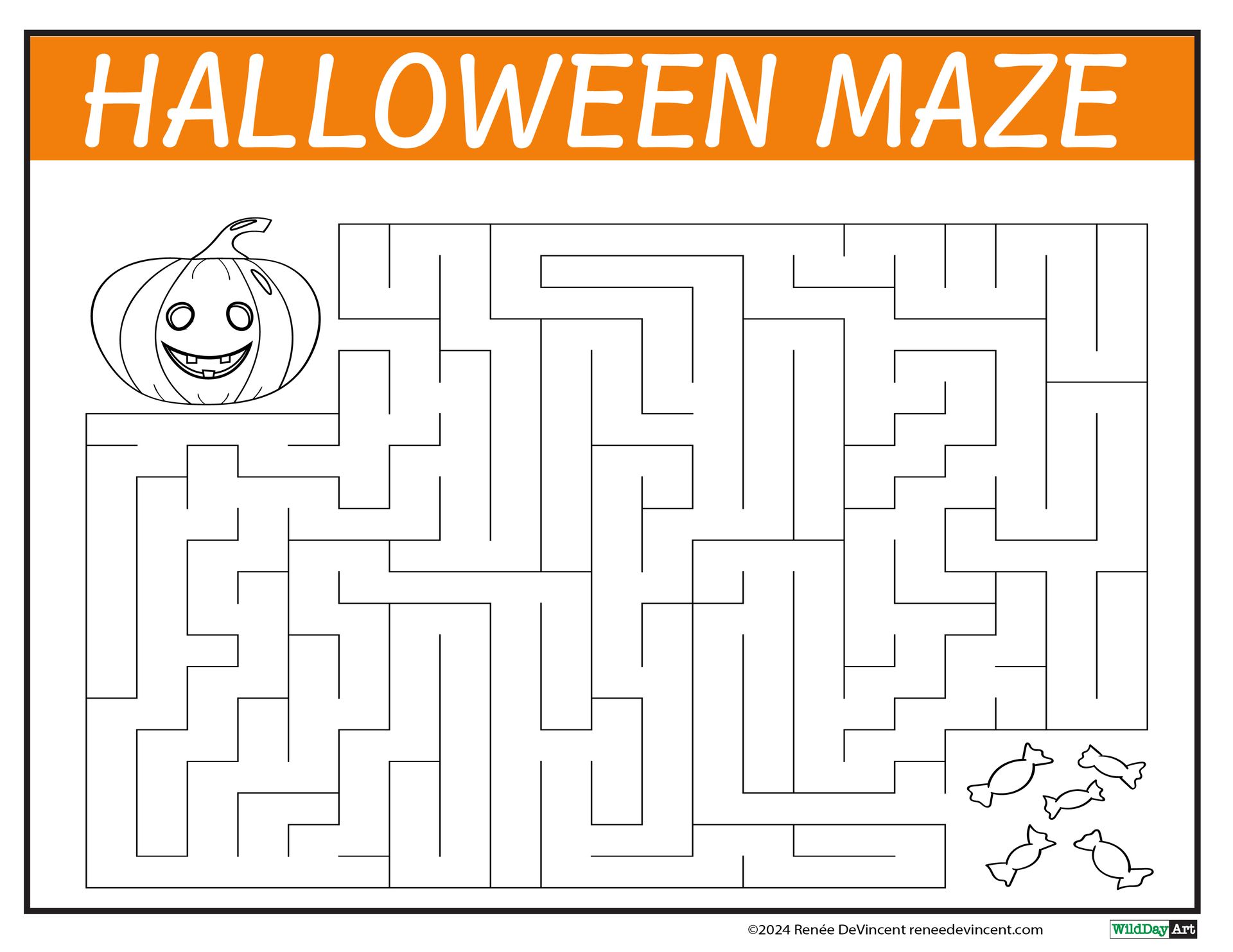 A halloween maze with a pumpkin and candy on it.