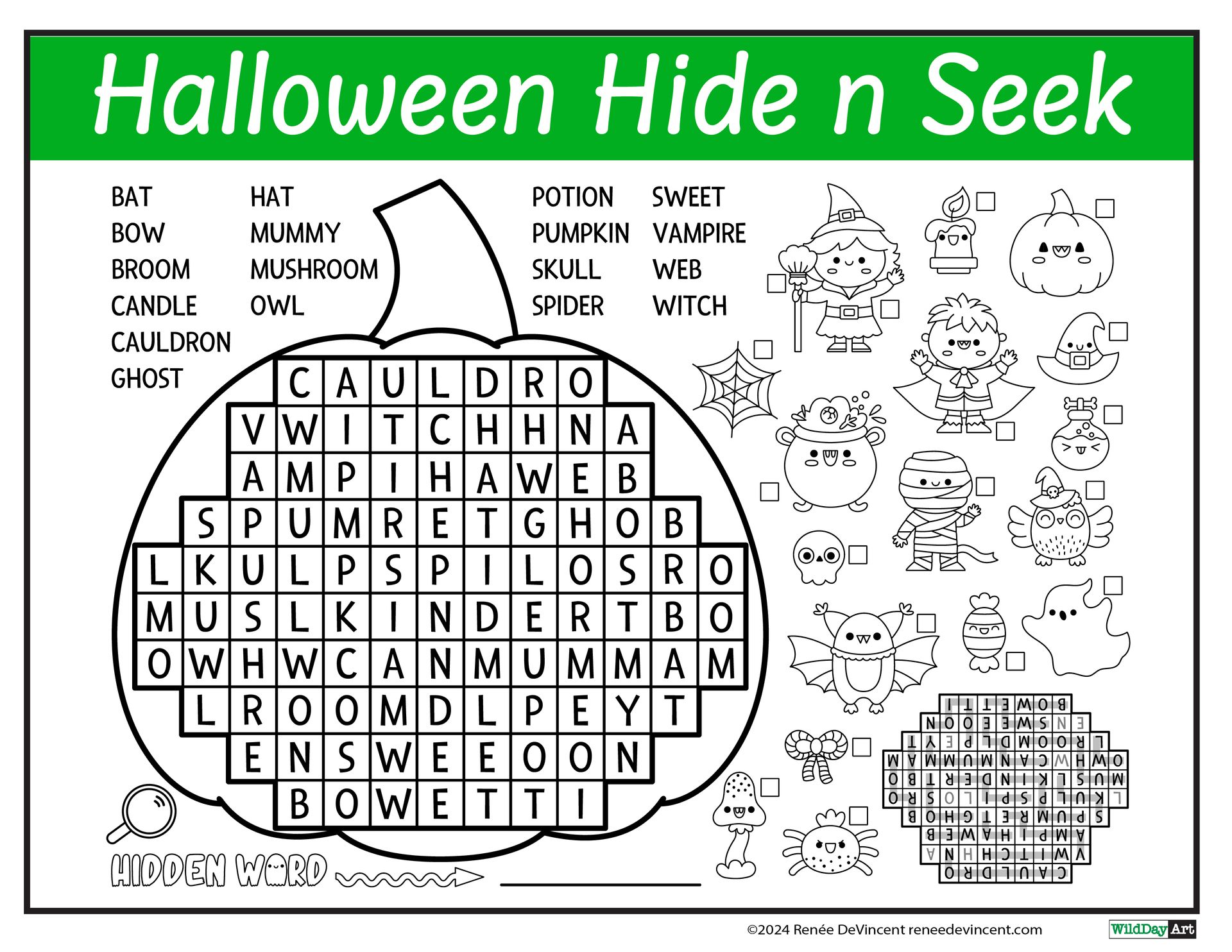 A halloween hide and seek puzzle with a pumpkin in the middle.